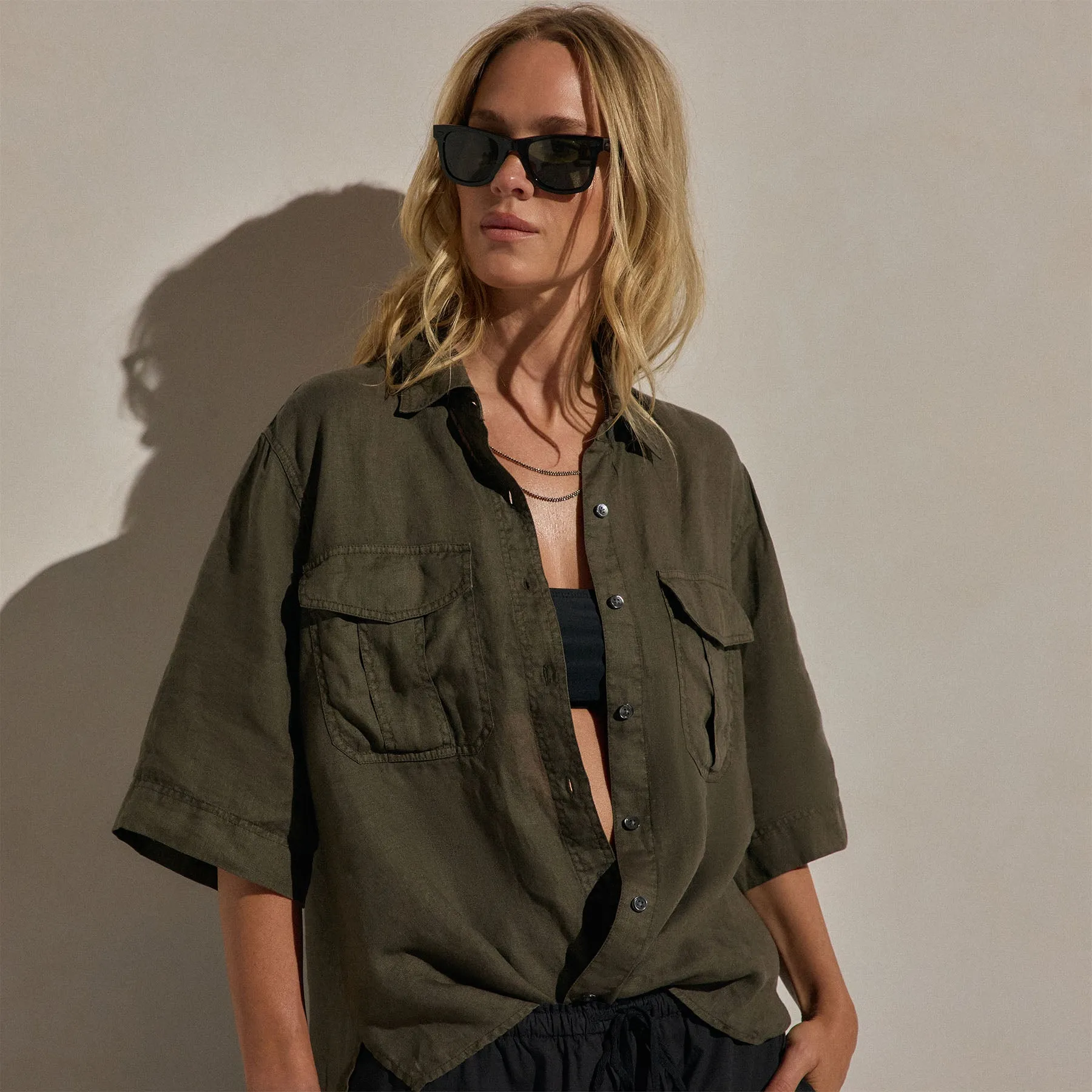 Linen Short Sleeve Utility Shirt - Army Green Pigment sold by James Perse product image thumbnail 5