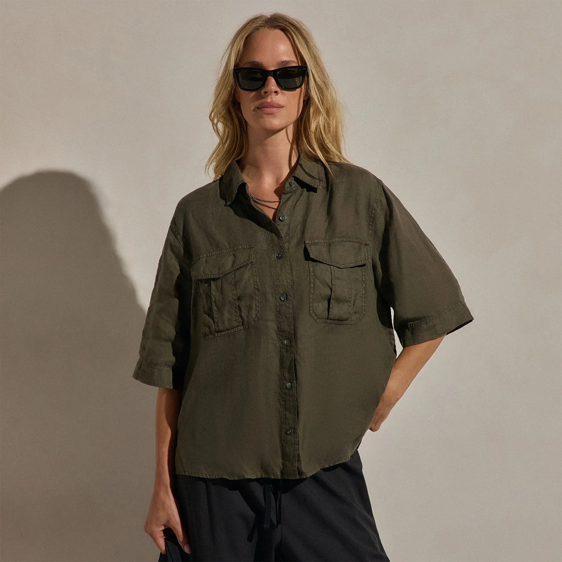 Linen Short Sleeve Utility Shirt - Army Green Pigment sold by James Perse product image thumbnail 4