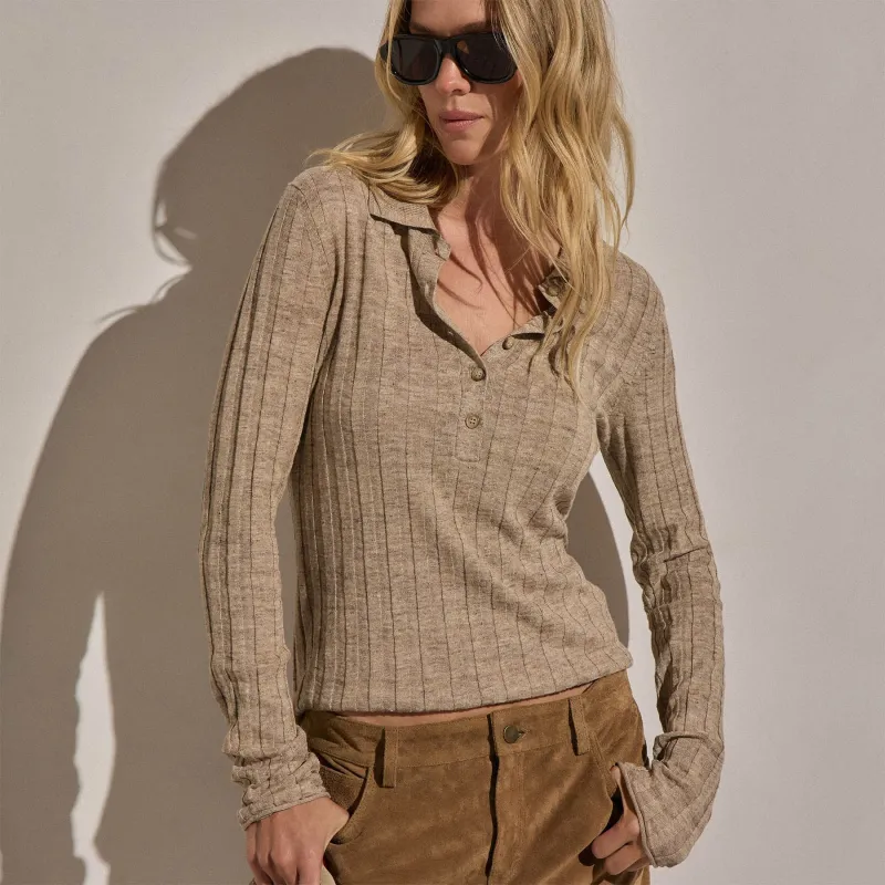Linen Cotton Ribbed Polo Sweater - Natural Melange made by James Perse