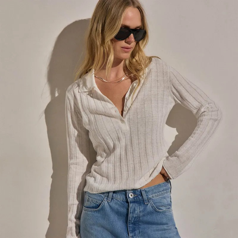 Linen Cotton Ribbed Polo Sweater - White made by James Perse