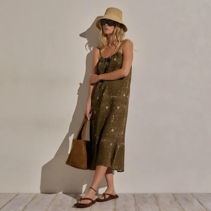 Palm Paisley Linen Strappy Tie Dress - Brown Bandana Print made by James Perse