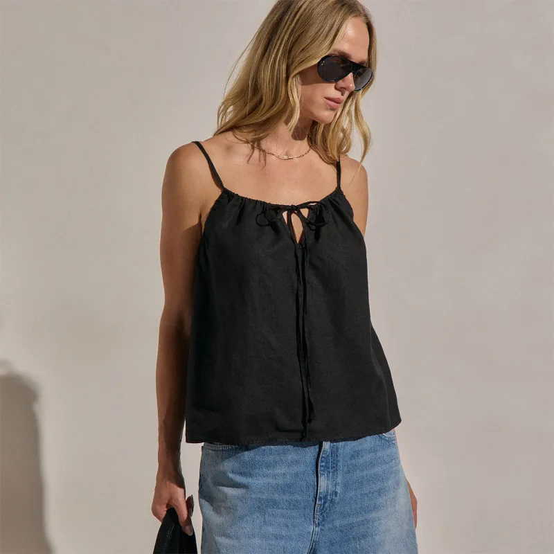 Linen Strappy Tie Cami - Black made by James Perse