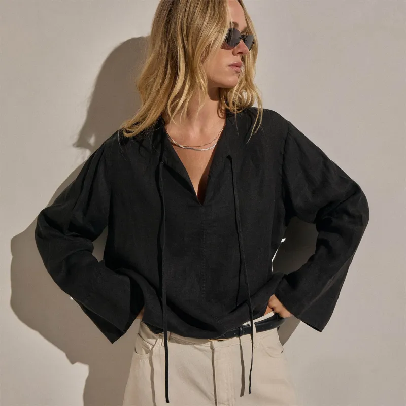Linen Tie Front Tunic Top - Black made by James Perse
