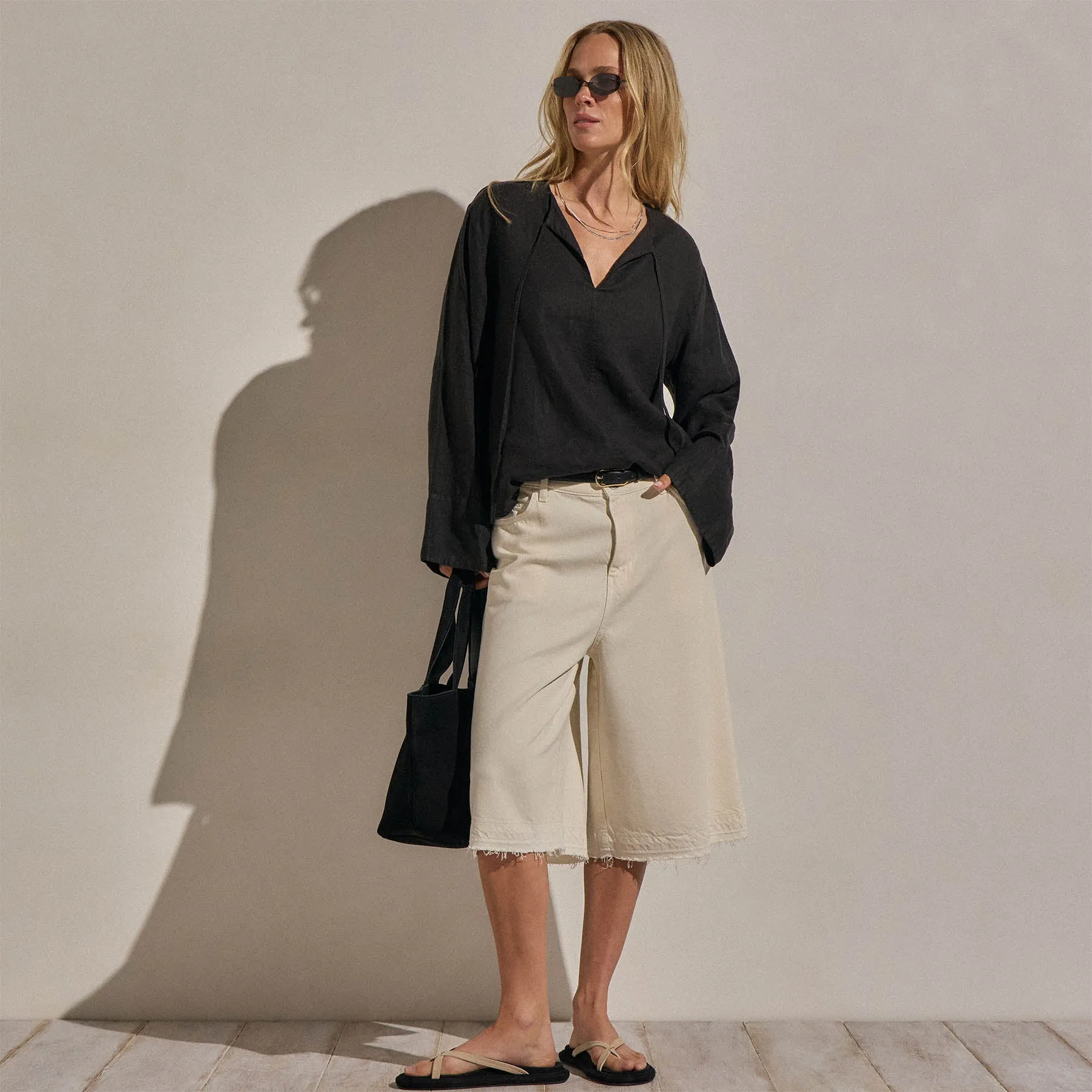 Linen Tie Front Tunic Top - Black sold by James Perse product image thumbnail 3