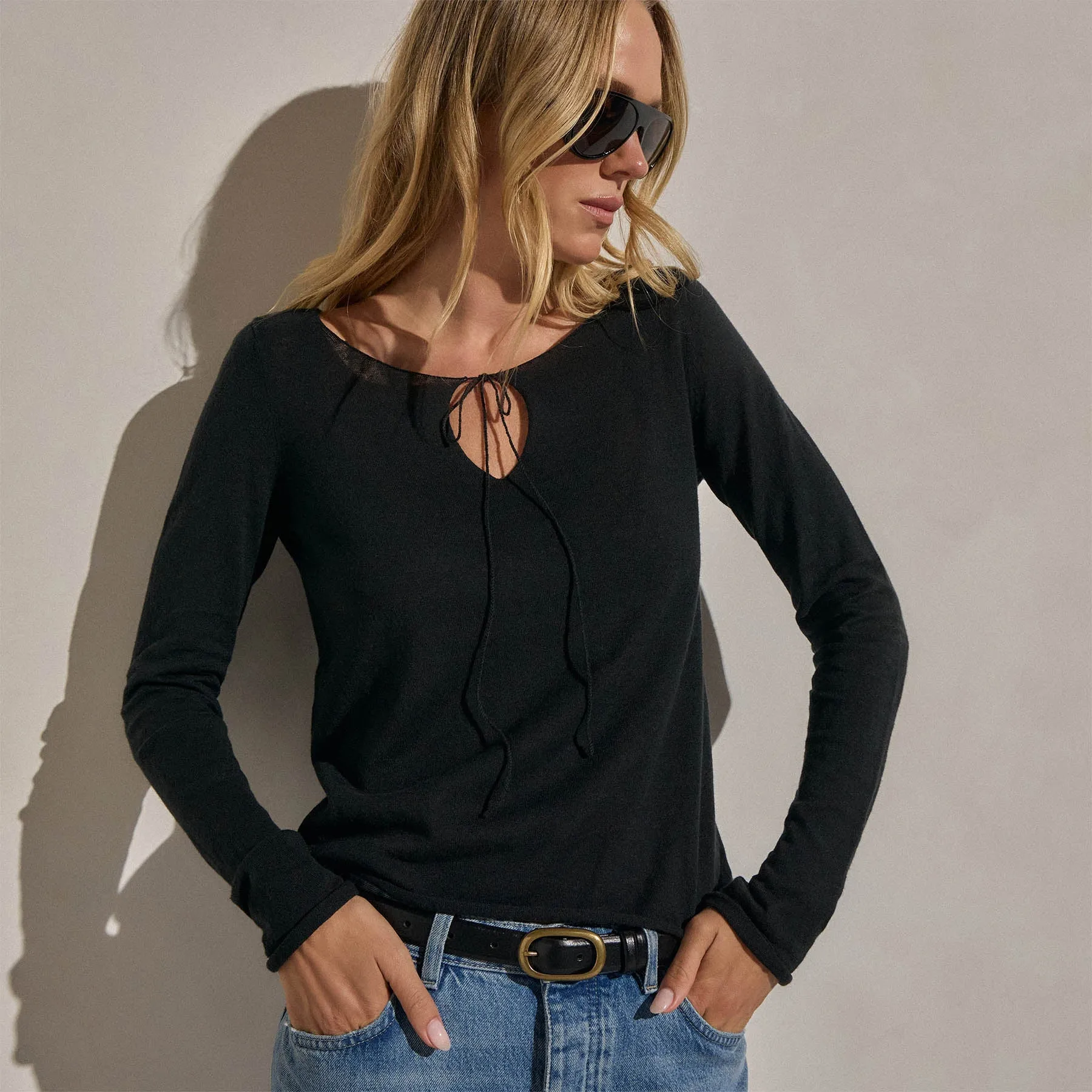 Linen Cotton Keyhole Sweater - Black sold by James Perse