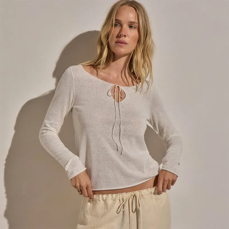 Linen Cotton Keyhole Sweater - Off White made by James Perse