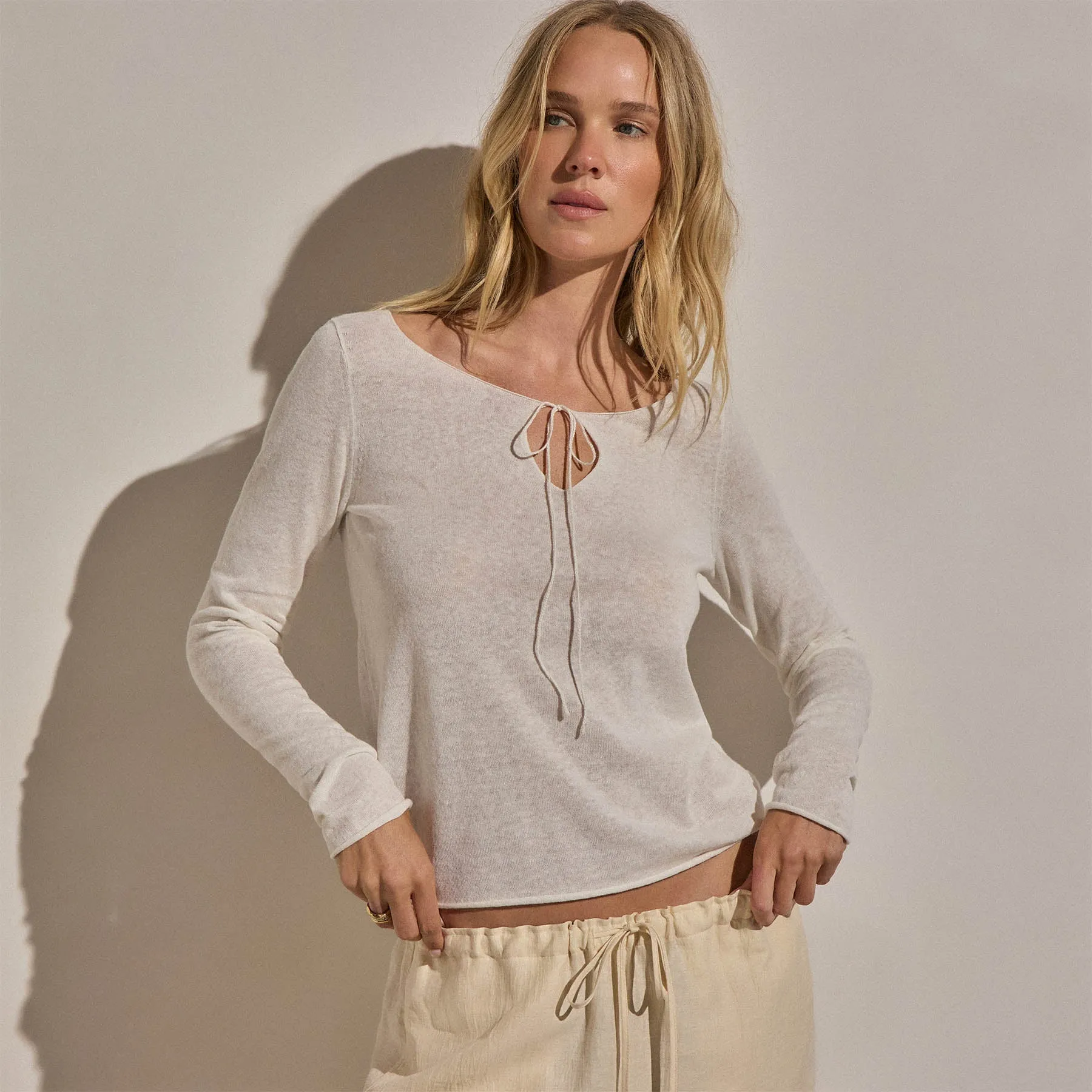 Linen Cotton Keyhole Sweater - Off White sold by James Perse