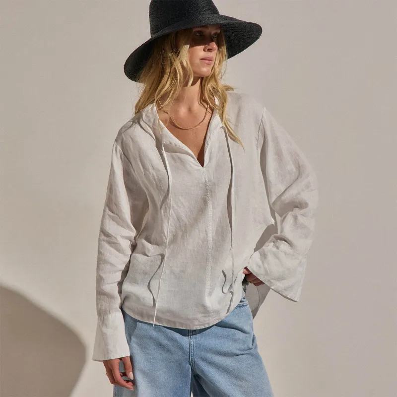 Linen Tie Front Tunic Top - White made by James Perse