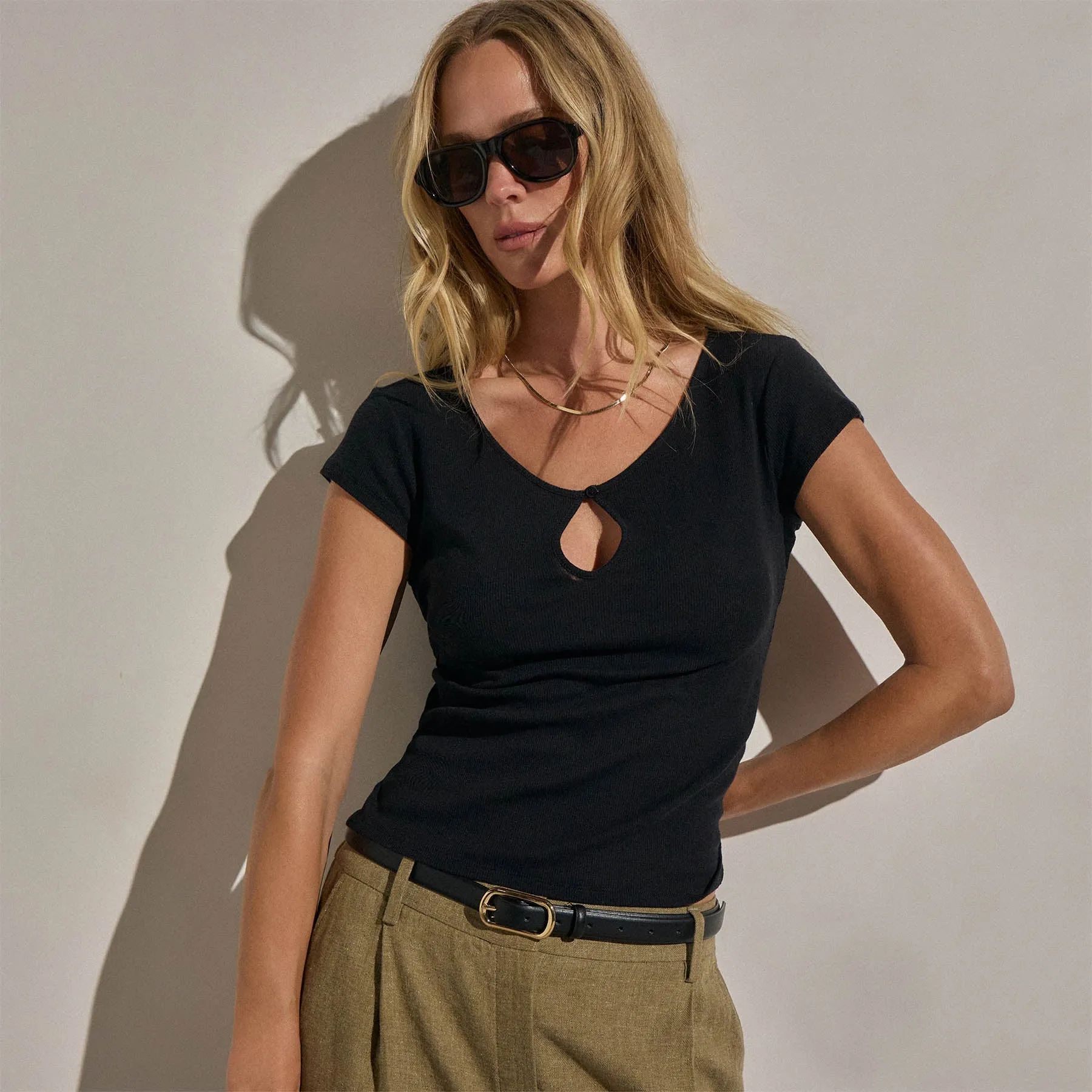 Cotton Cashmere Keyhole Tee - Black sold by James Perse
