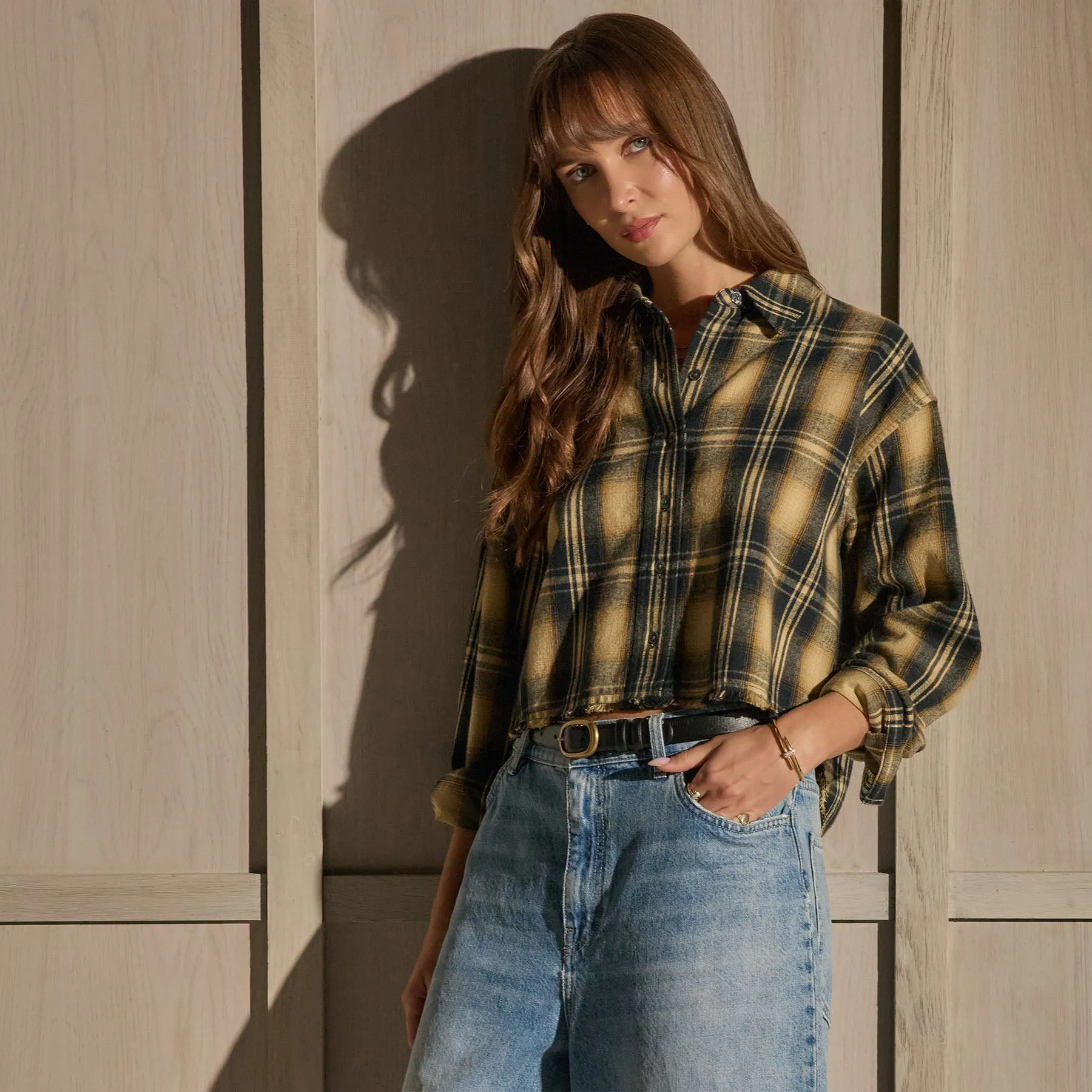 Plaid Flannel Cropped Shirt - Tan Black Mix Plaid sold by James Perse product image thumbnail 5