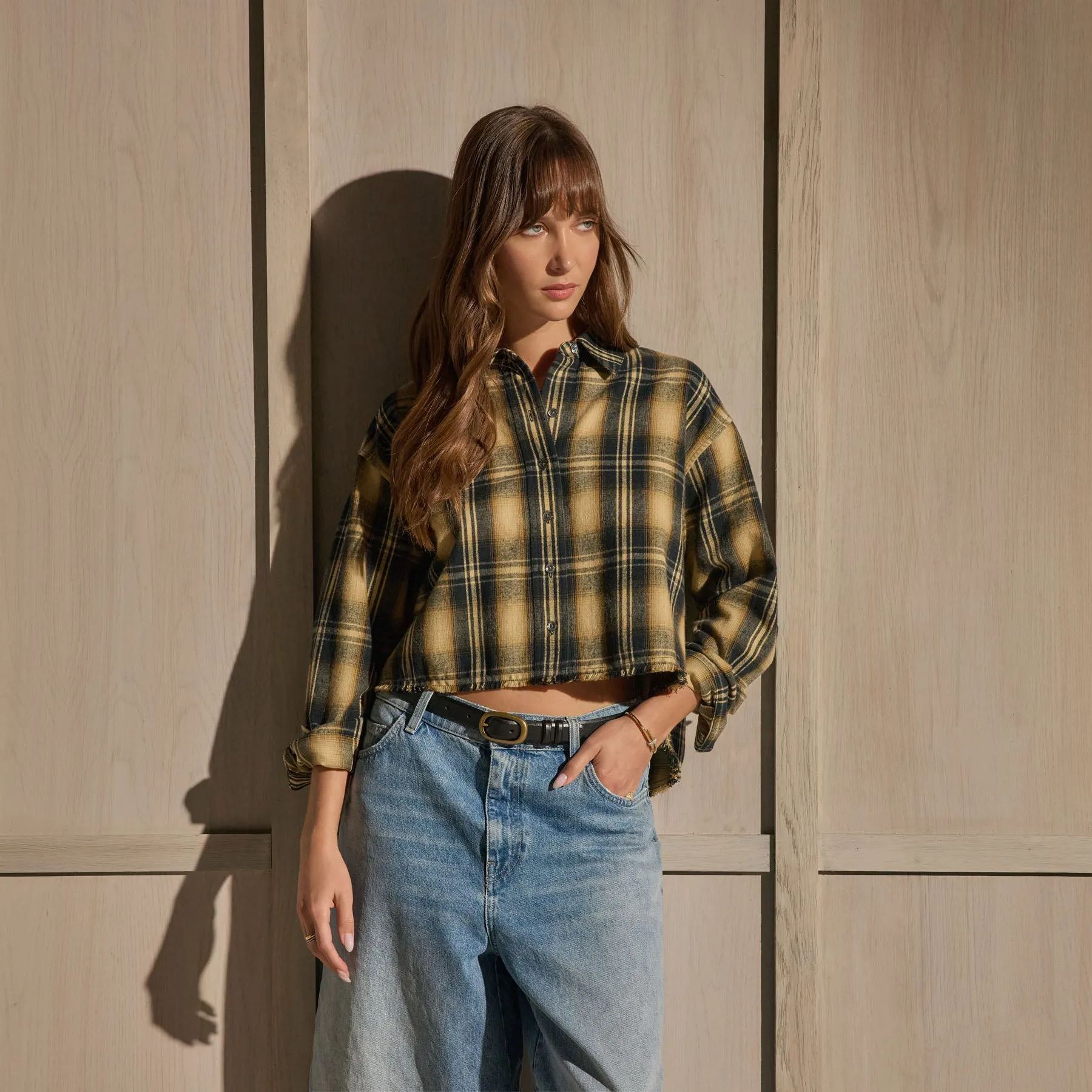 Plaid Flannel Cropped Shirt - Tan Black Mix Plaid sold by James Perse product image thumbnail 4