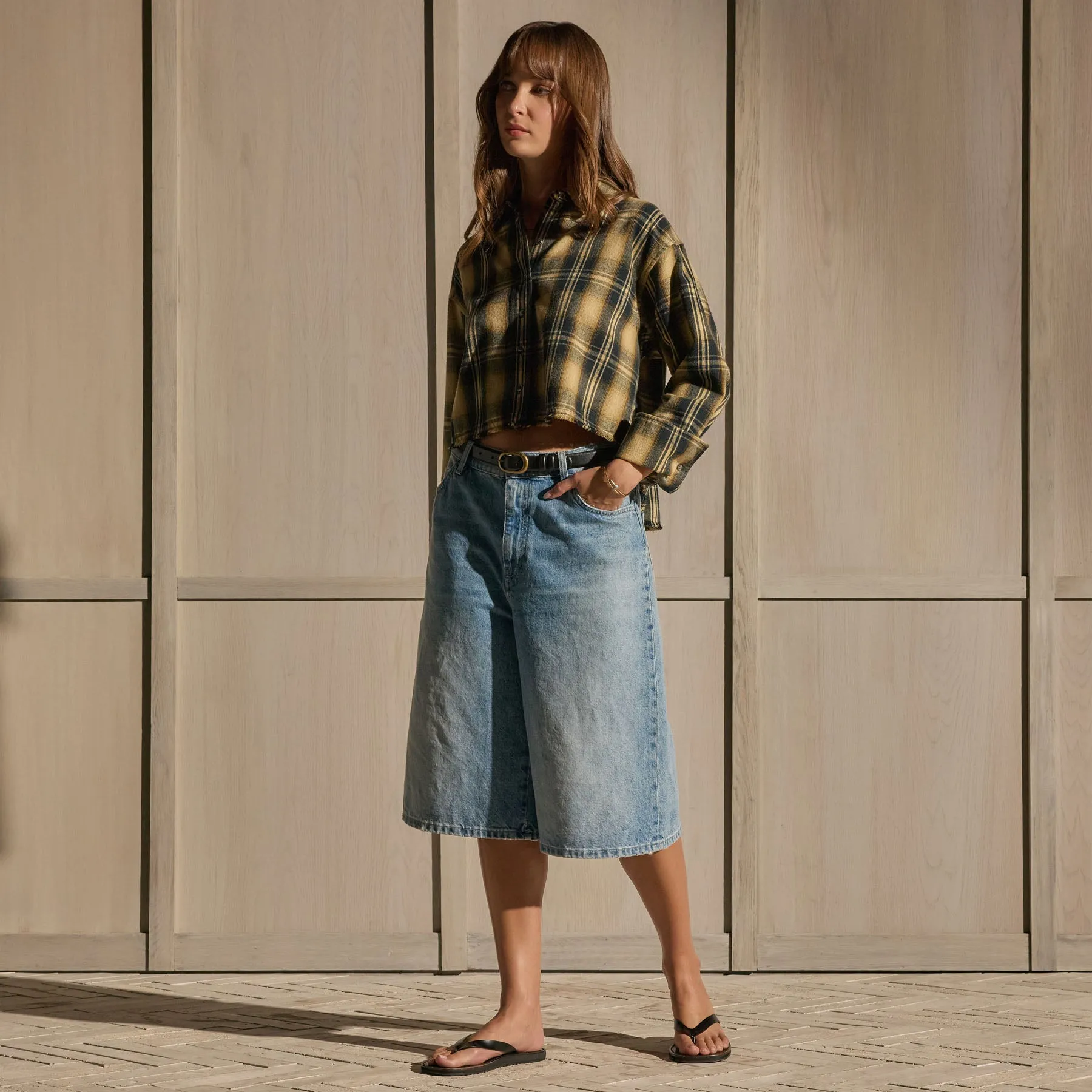 Plaid Flannel Cropped Shirt - Tan Black Mix Plaid sold by James Perse product image thumbnail 3