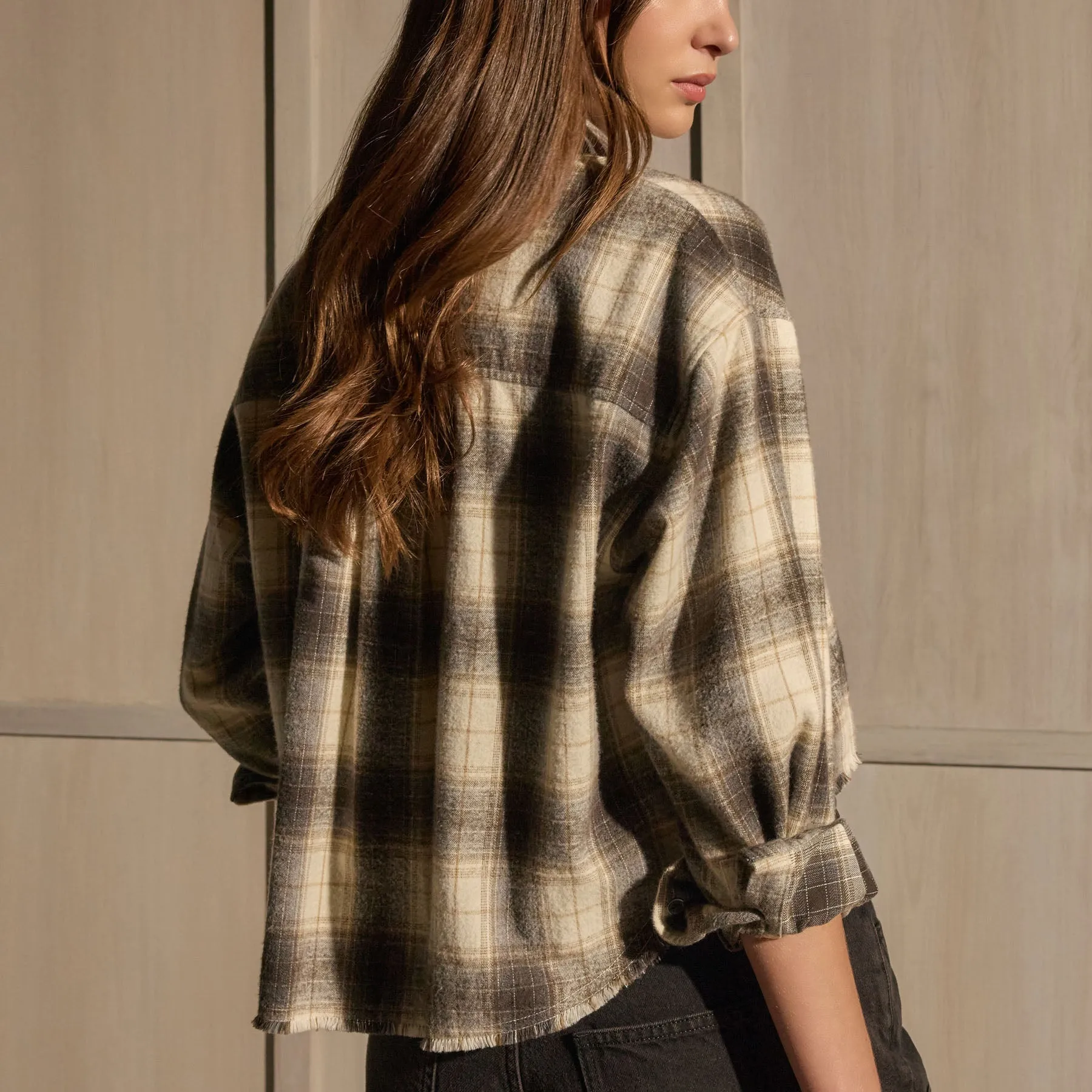 Plaid Flannel Cropped Shirt - Grey Brown Mix Plaid sold by James Perse product image thumbnail 4