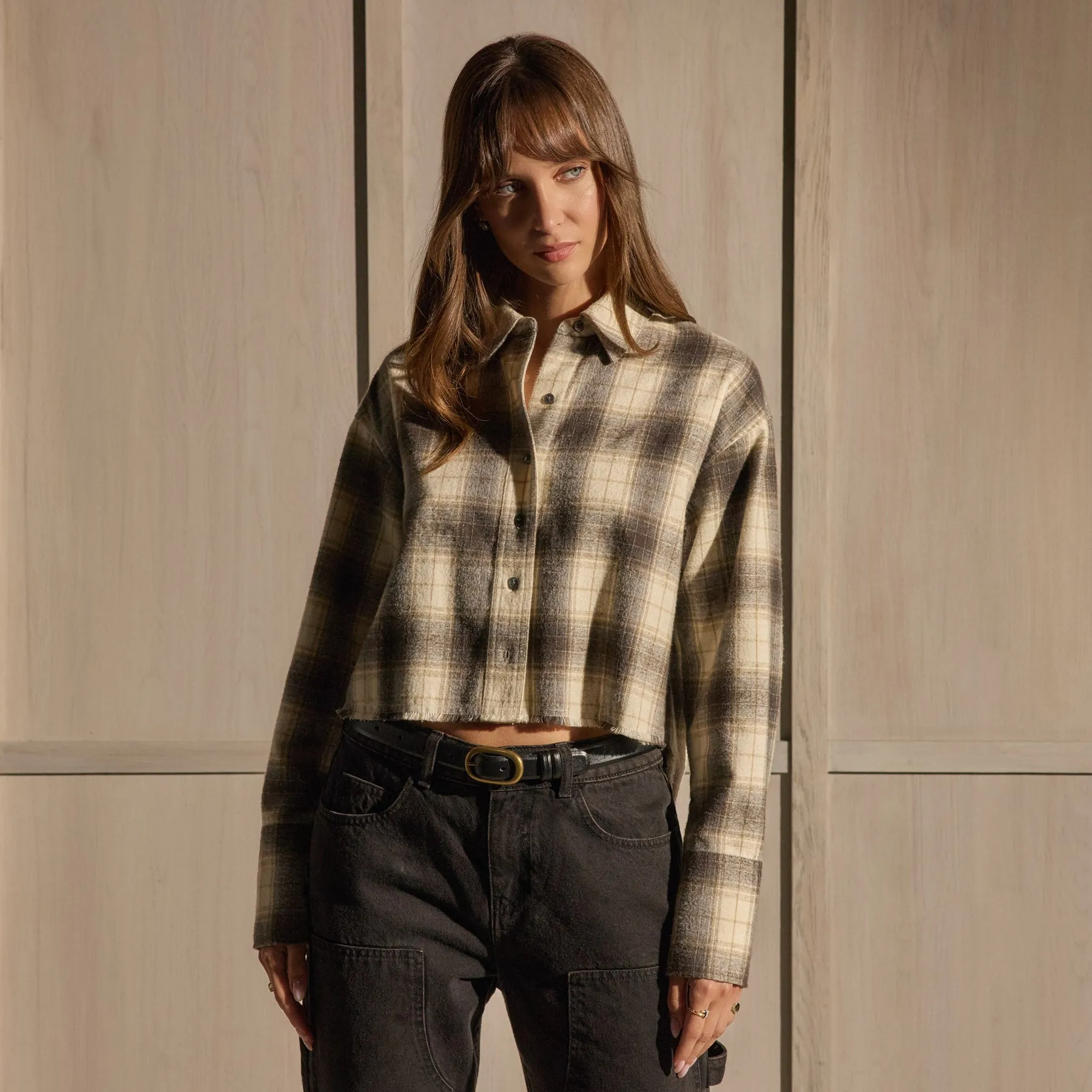 Plaid Flannel Cropped Shirt - Grey Brown Mix Plaid sold by James Perse