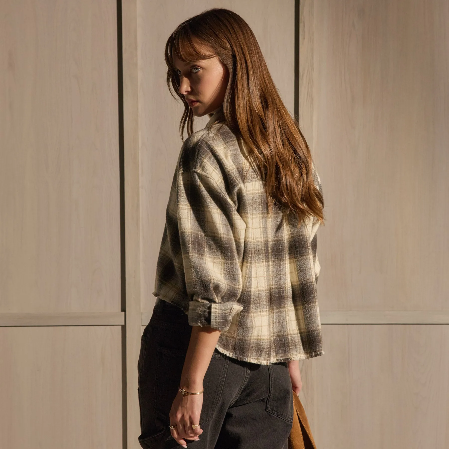 Plaid Flannel Cropped Shirt - Grey Brown Mix Plaid sold by James Perse product image thumbnail 5