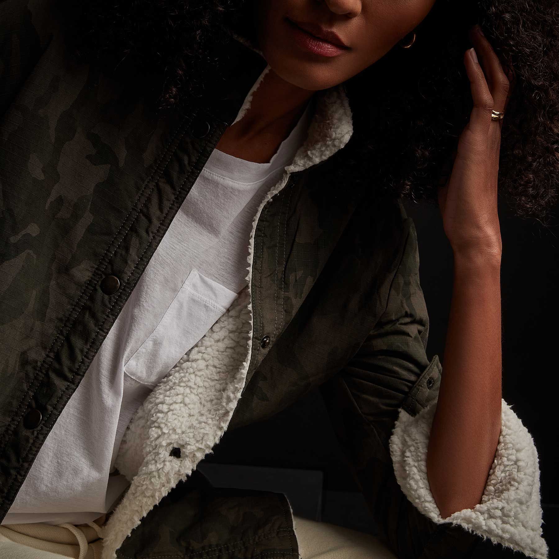 Sherpa Lined Camo Shirt Jacket - Hunter Pigment sold by James Perse