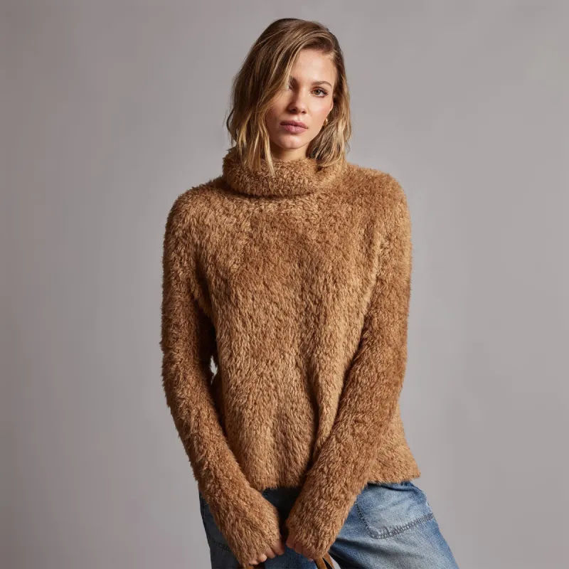 Wool Blend Sherpa Turtleneck Sweater - Caramel sold by James Perse
