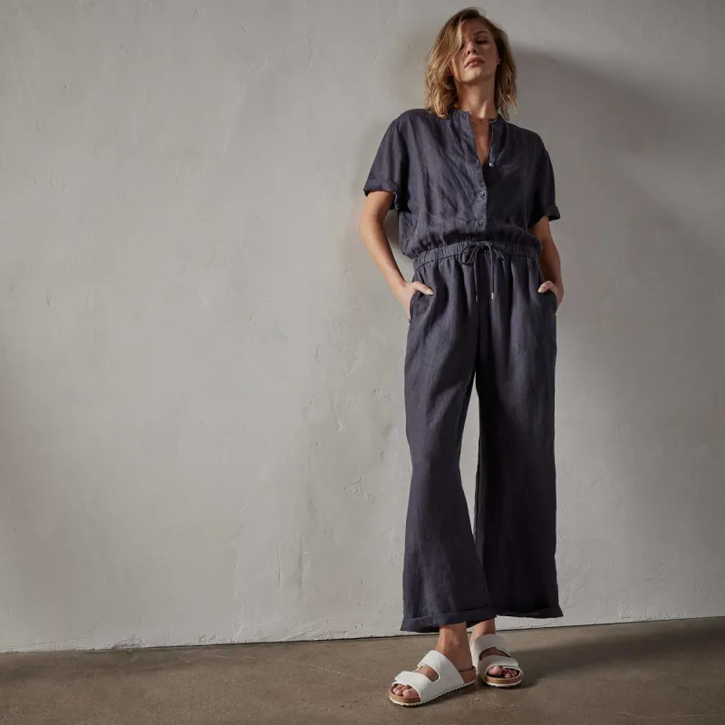 Lightweight Linen Collarless Jumpsuit - Blue Oil made by James Perse