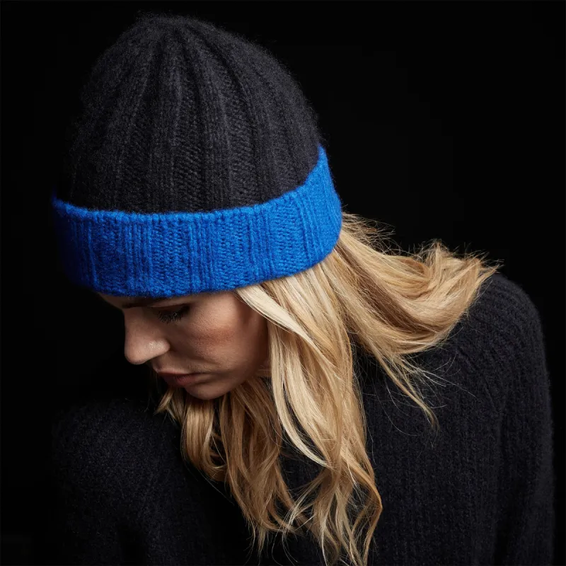 Cashmere Contrast Beanie - Black/Royal Blue sold by James Perse