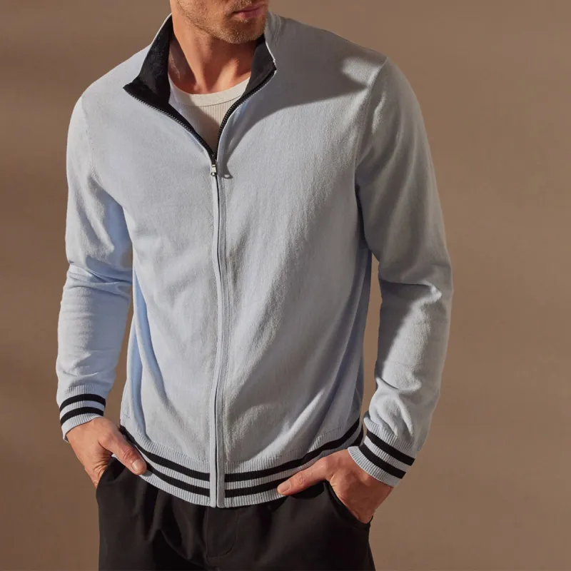 Double Retro Striped Zip Up Cardigan  - Bleached Blue/Black sold by James Perse