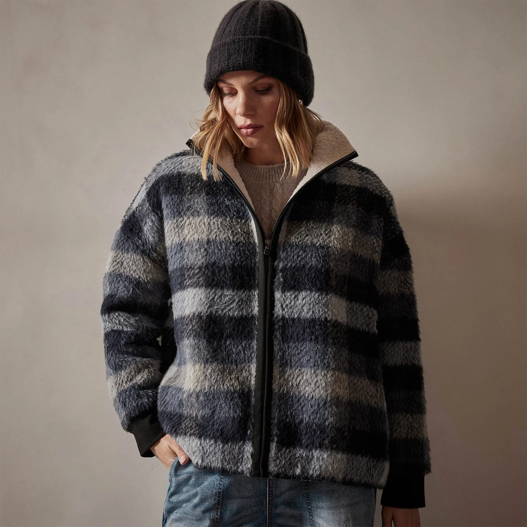 Sherpa Lined Plaid Zip Jacket - Breeze Plaid sold by James Perse