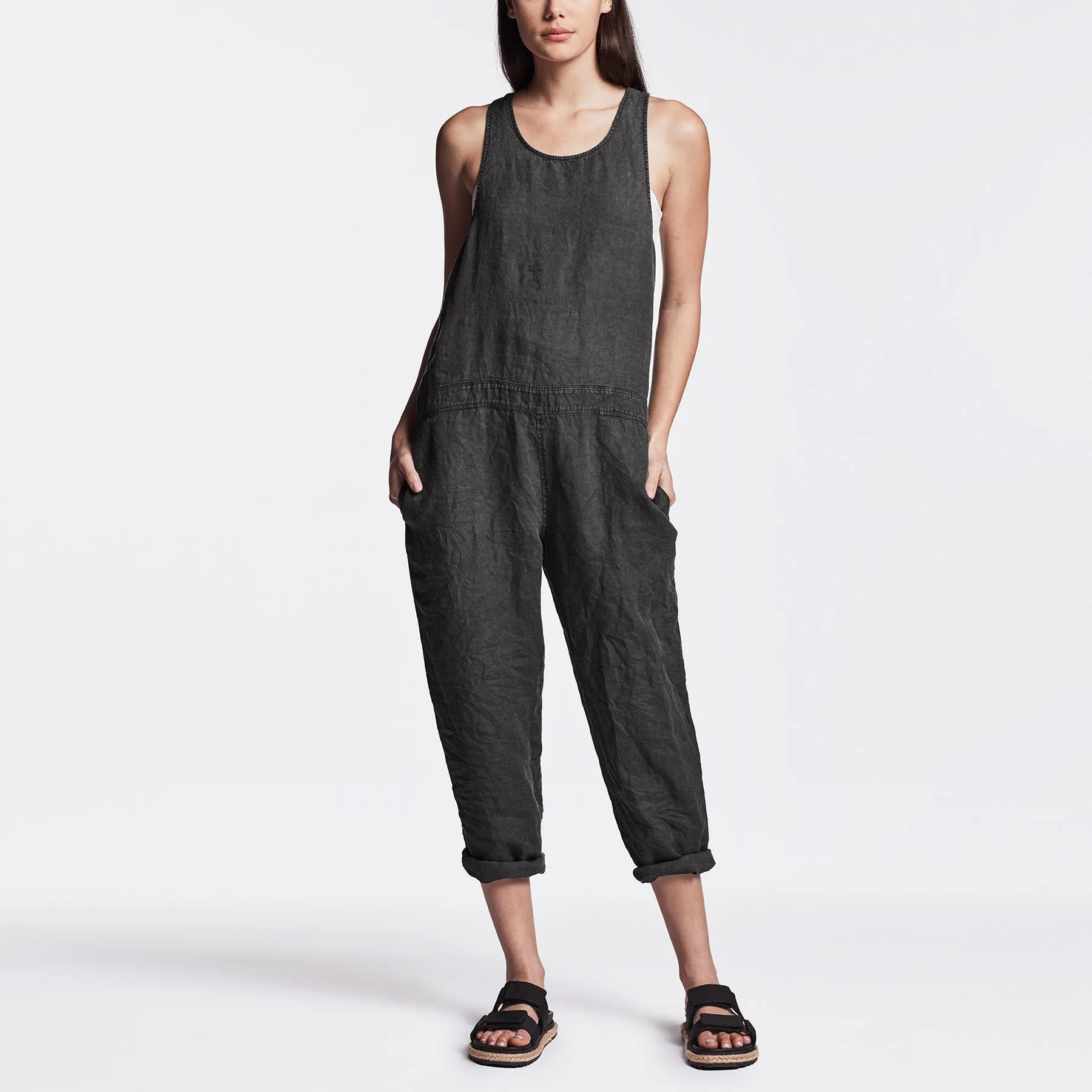 Linen Racerback Romper - Carbon Pigment sold by James Perse