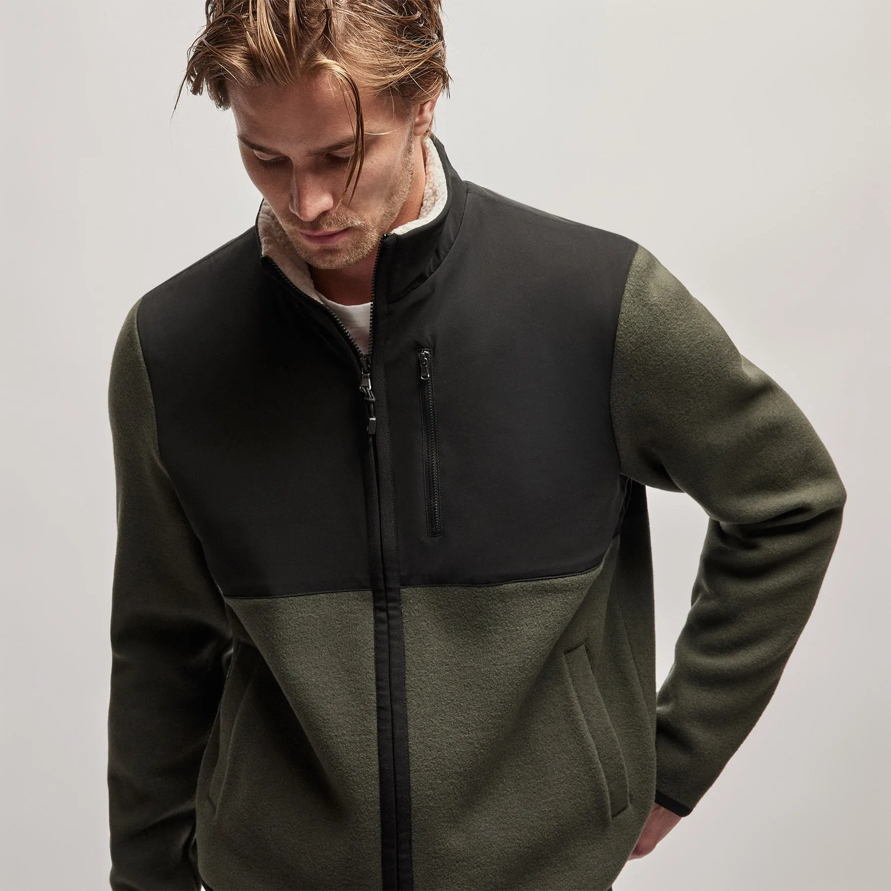 Wool Jersey Mixed Media Jacket - Dark Olive/Black sold by James Perse product image thumbnail 3