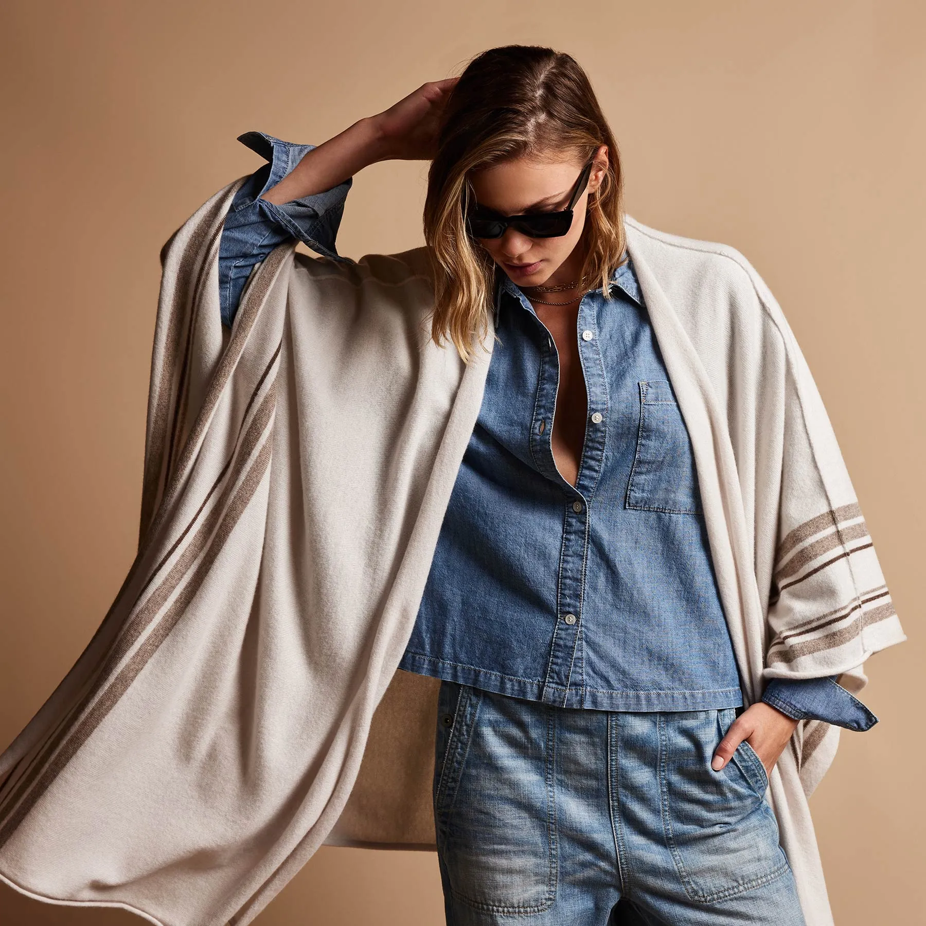 Recycled Cashmere Striped Poncho - Pearl sold by James Perse product image thumbnail 4