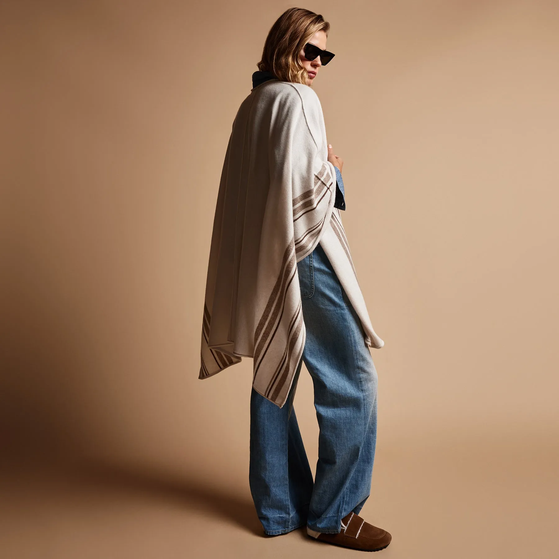 Recycled Cashmere Striped Poncho - Pearl sold by James Perse