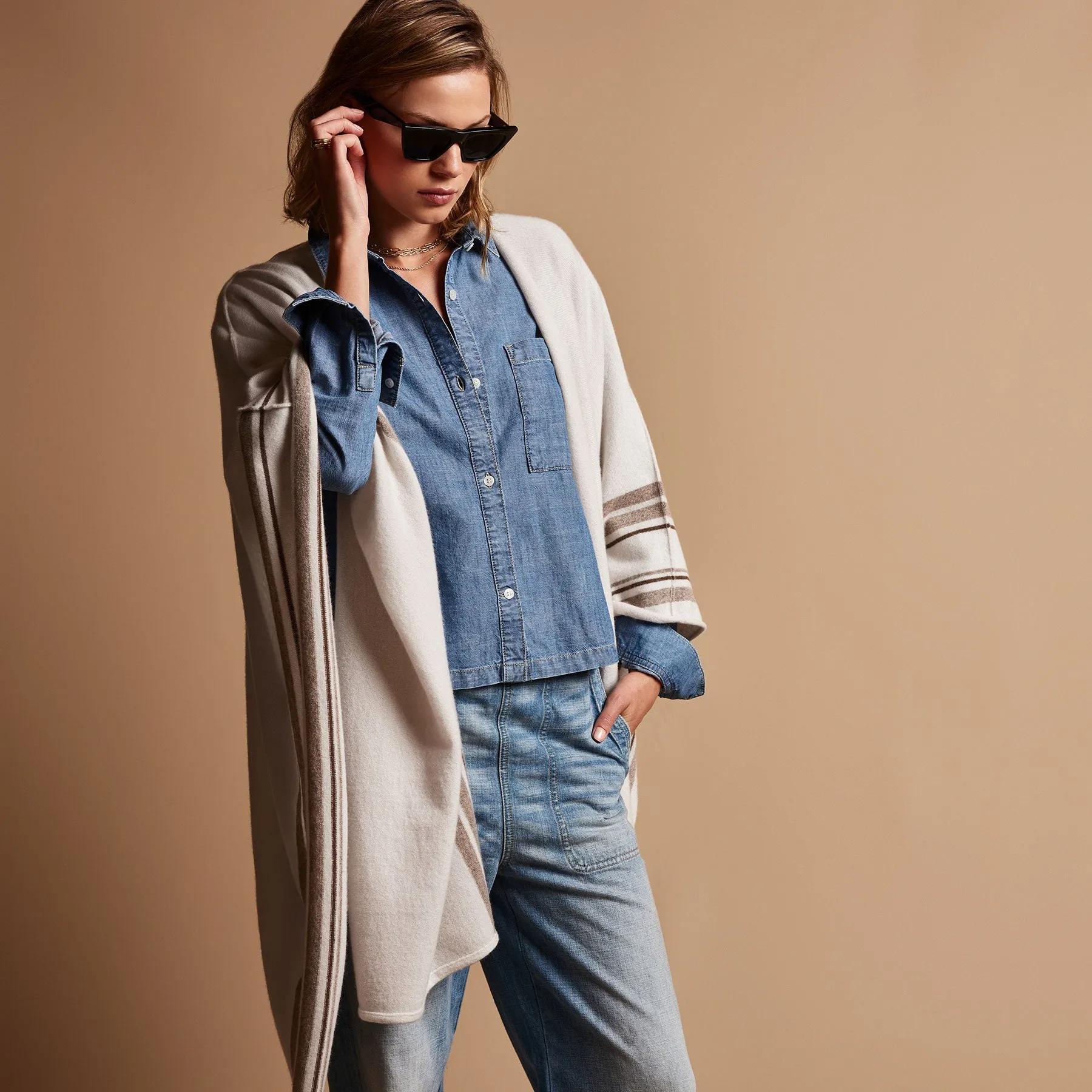 Recycled Cashmere Striped Poncho - Pearl sold by James Perse product image thumbnail 3