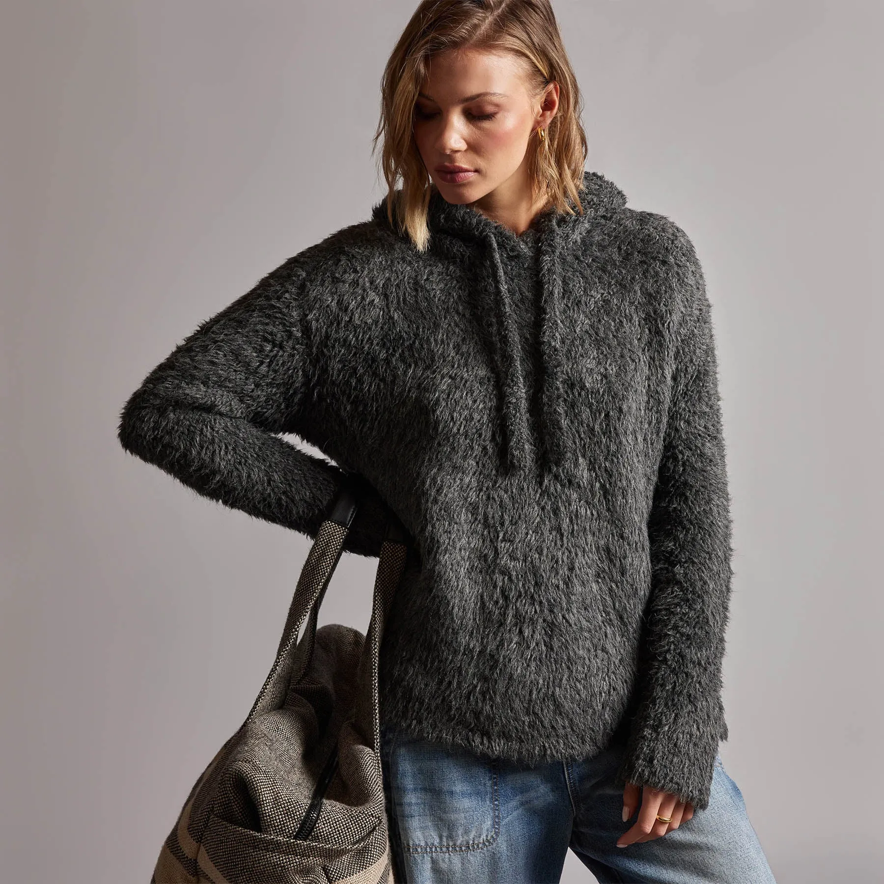 Wool Blend Sherpa Hooded Sweater - Anthracite | Parallel