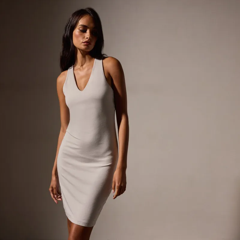 Stretch Lotus Rib Deep V Tank Dress - Salt sold by James Perse