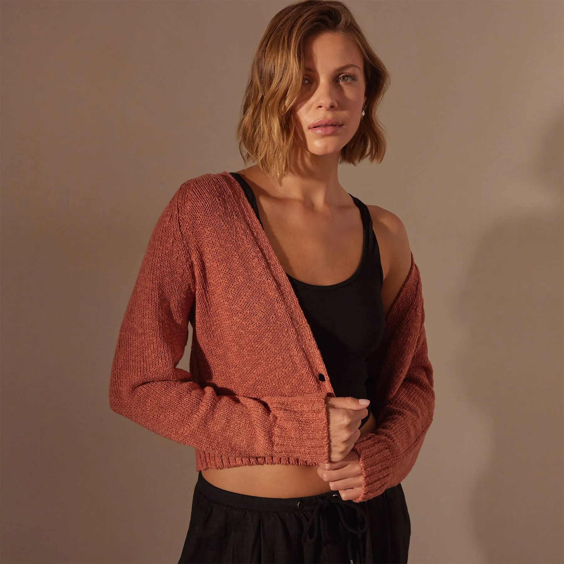 Cotton Linen Cropped Cardigan - Adobe sold by James Perse