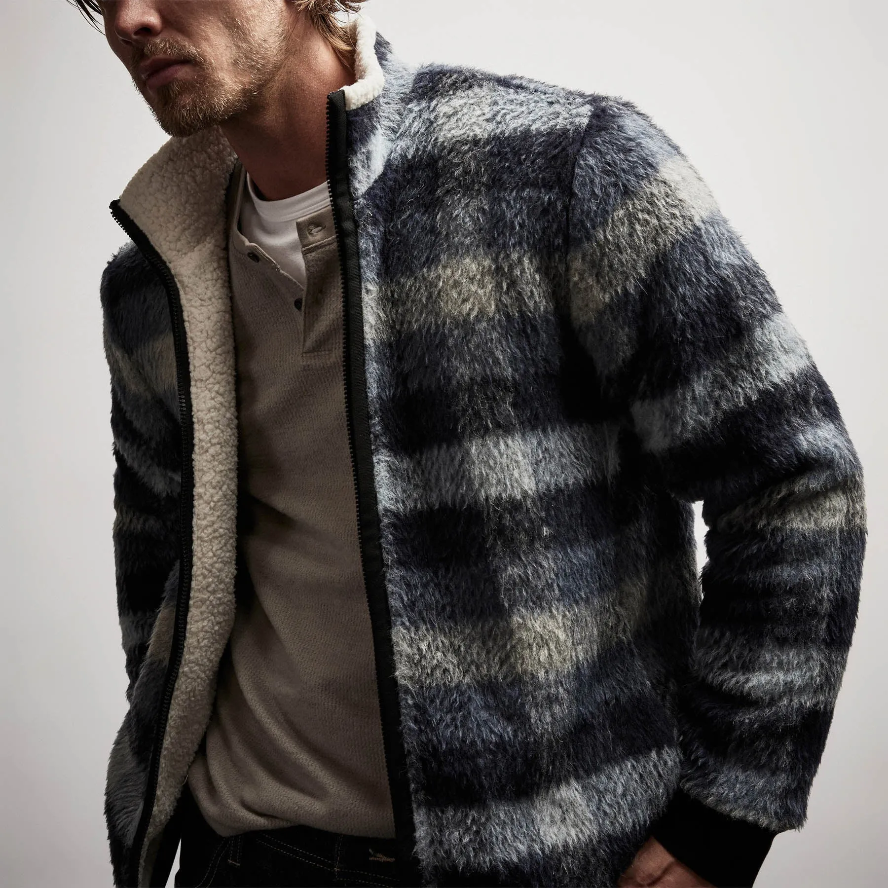 Sherpa Lined Plaid Zip Jacket - Breeze Plaid sold by James Perse