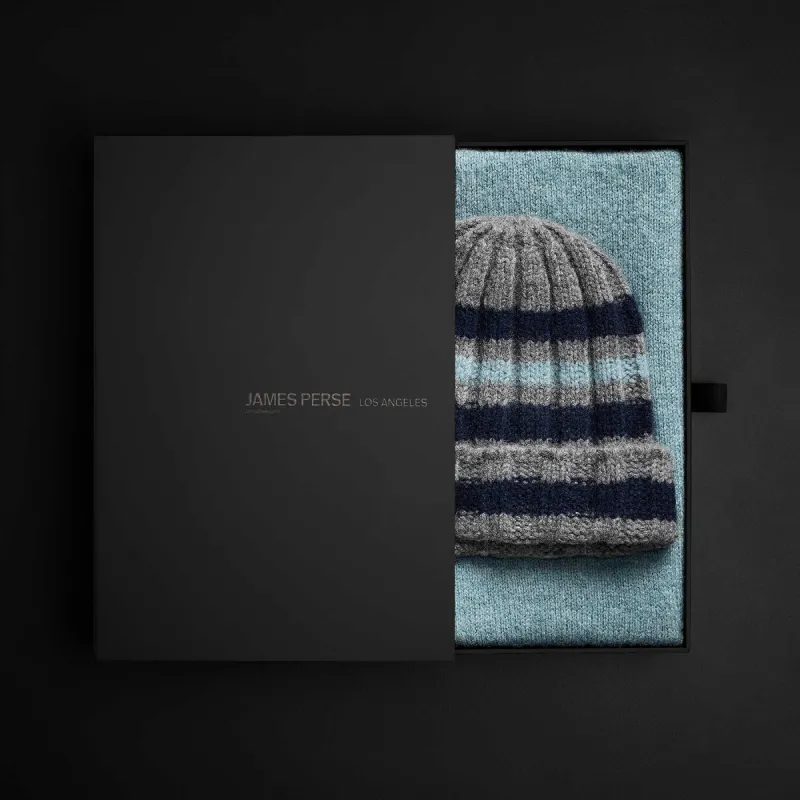 Cashmere Striped Beanie & Scarf Set - Thunder/Deep Navy/Aqua sold by James Perse