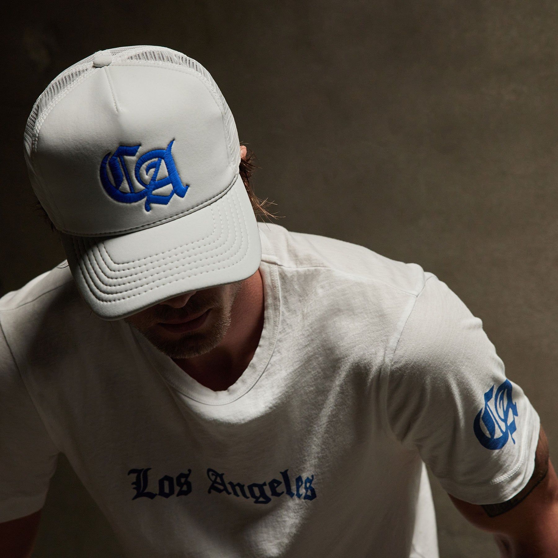 CA Embroidered Scuba Trucker Hat - White/Baltic Blue sold by James Perse