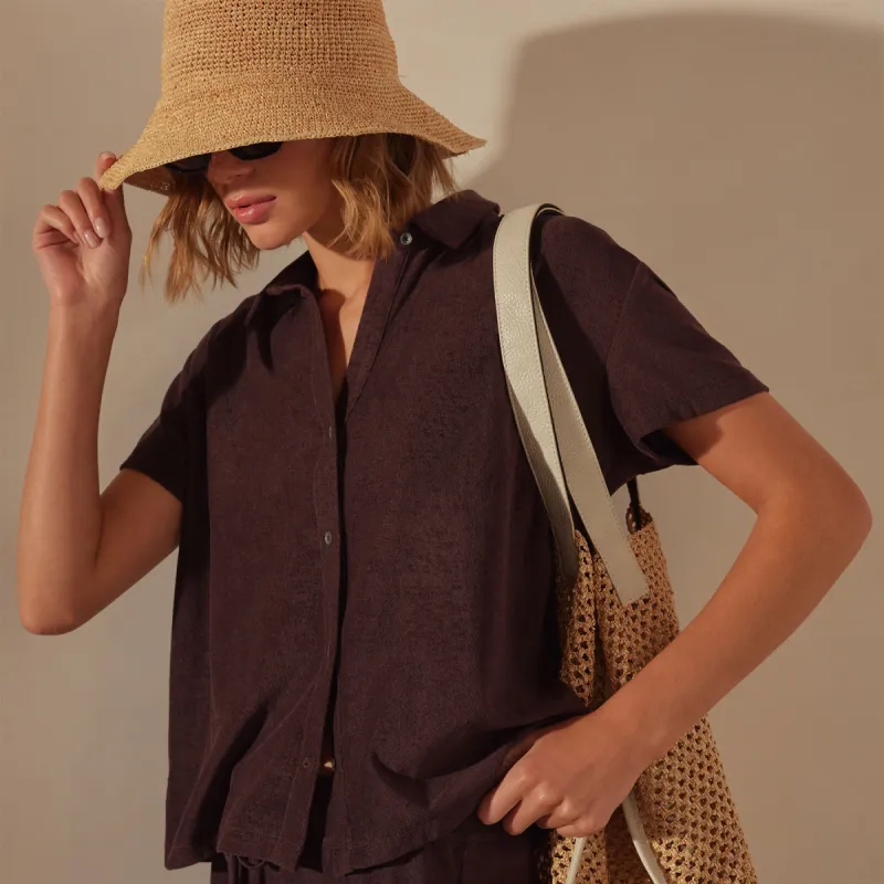 Cotton Terry Placket Short Sleeve - Mahogany sold by James Perse