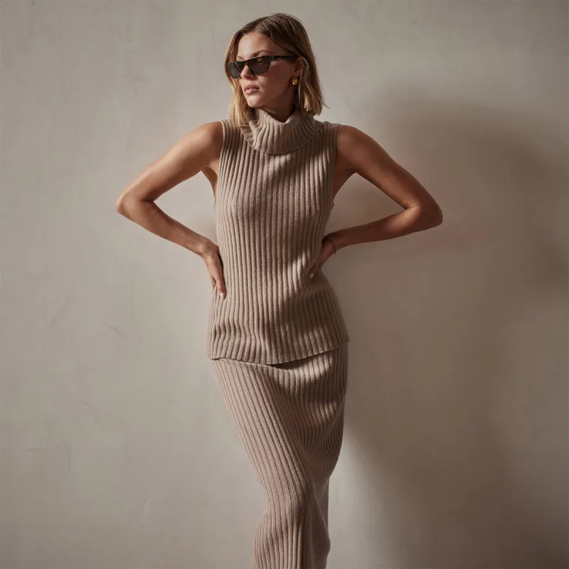 Ribbed Cashmere Sleeveless Turtleneck - Mocha sold by James Perse