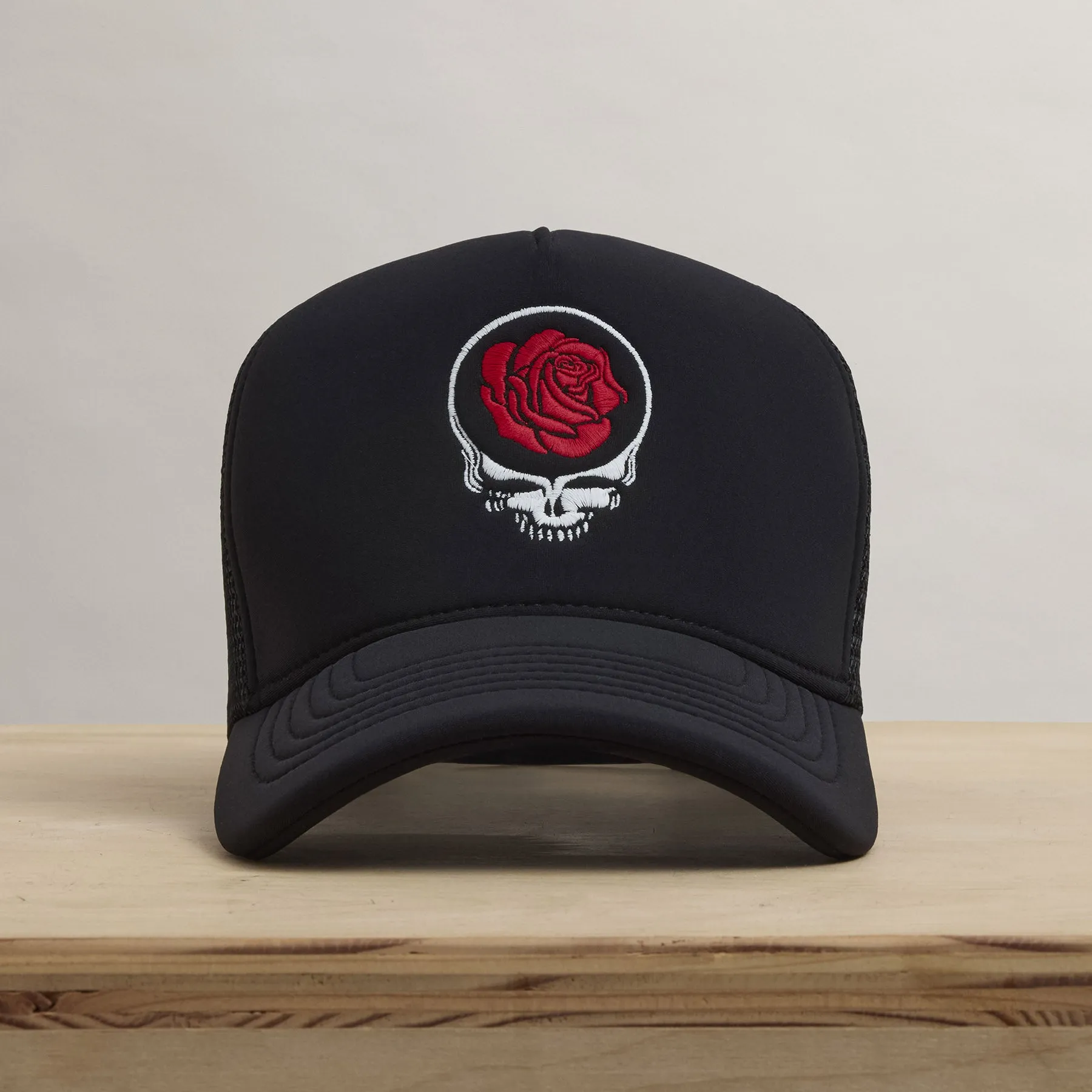 Grateful Dead Rose Embroidery Trucker - Black sold by James Perse