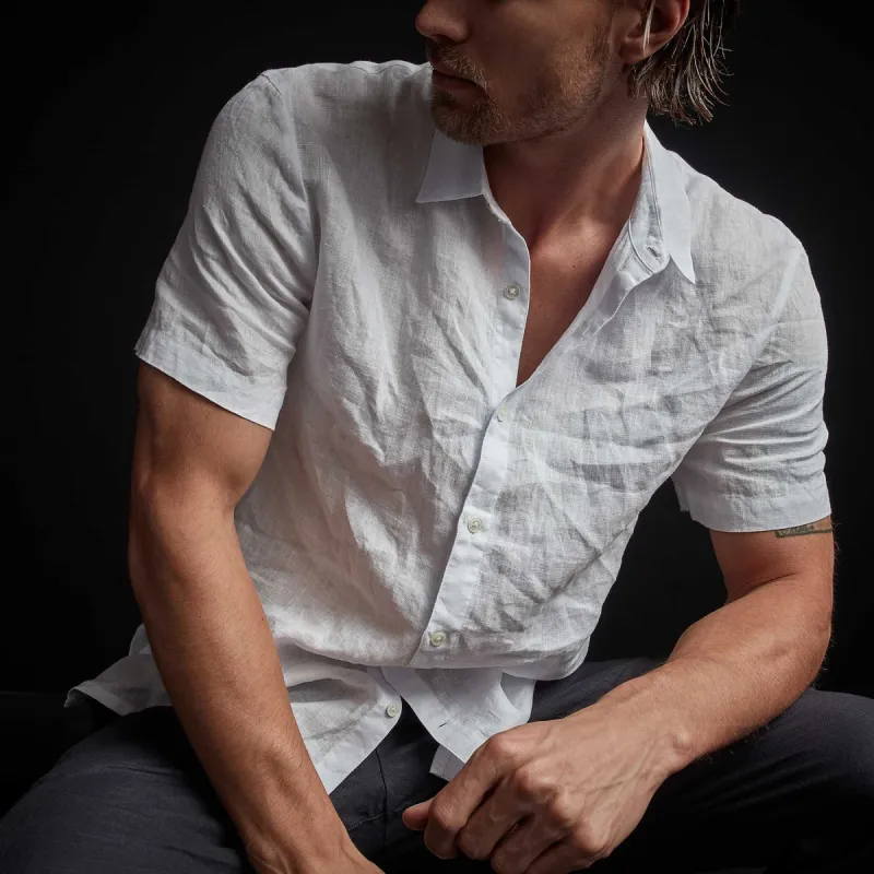 Garment Dyed Short Sleeve Linen Shirt - White sold by James Perse