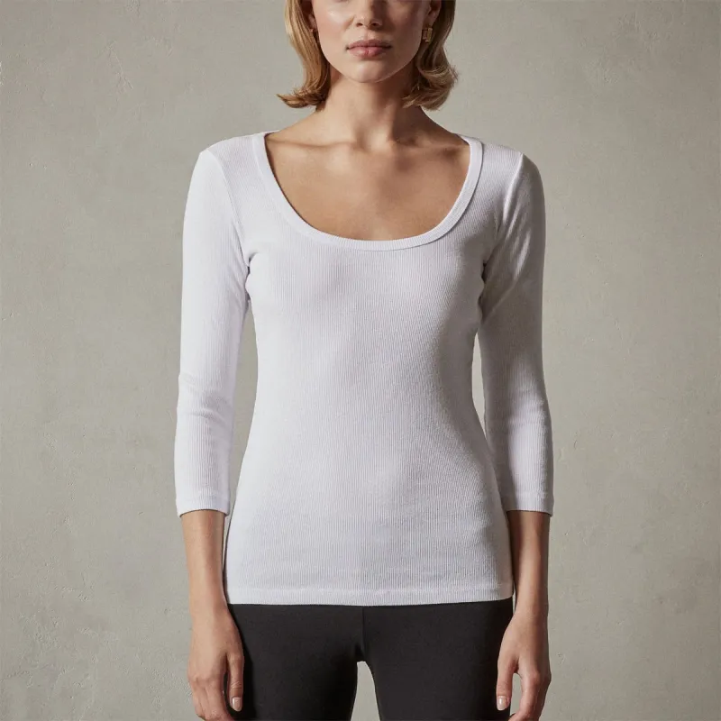 3/4 Sleeve U Neck Rib Tee - White sold by James Perse