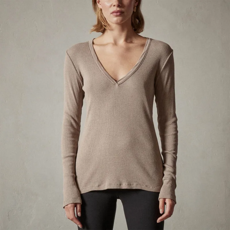 Deep V Long Sleeve Rib Top - Fawn sold by James Perse