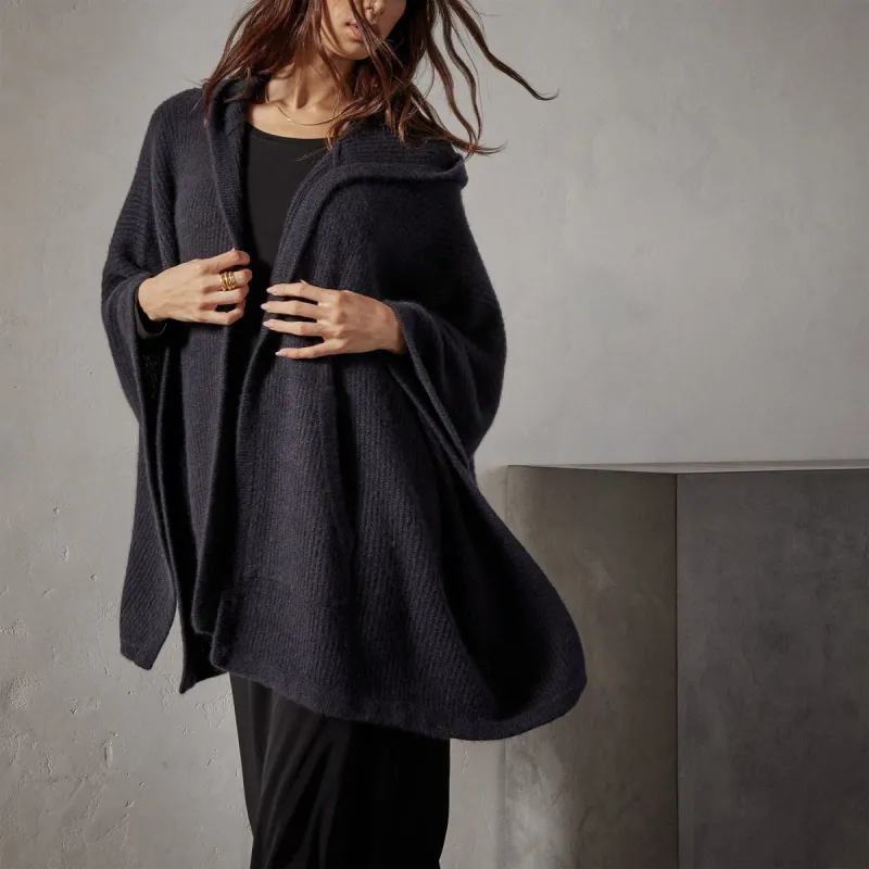 Rib Cashmere Hooded Poncho Sweater - Black sold by James Perse