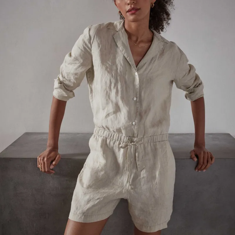 Long Sleeve Linen Shirt Romper - Biscuit Pigment sold by James Perse