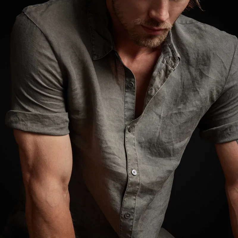 Garment Dyed Short Sleeve Linen Shirt - Platoon Pigment sold by James Perse