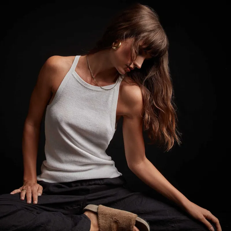 Stretch Linen Rib Cut Away Tank - White sold by James Perse