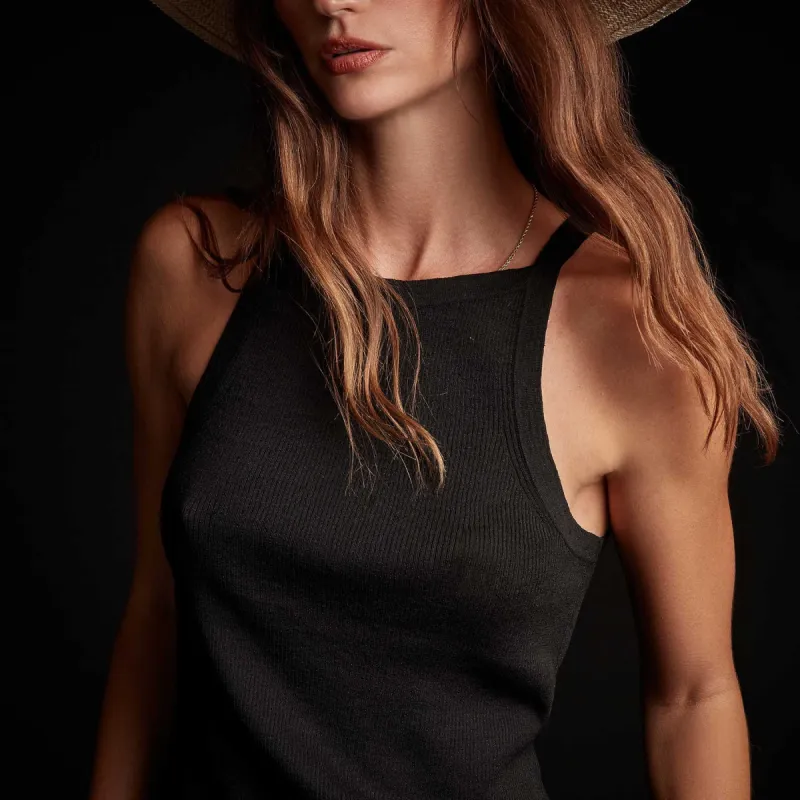 Stretch Linen Rib Cut Away Tank - Black sold by James Perse