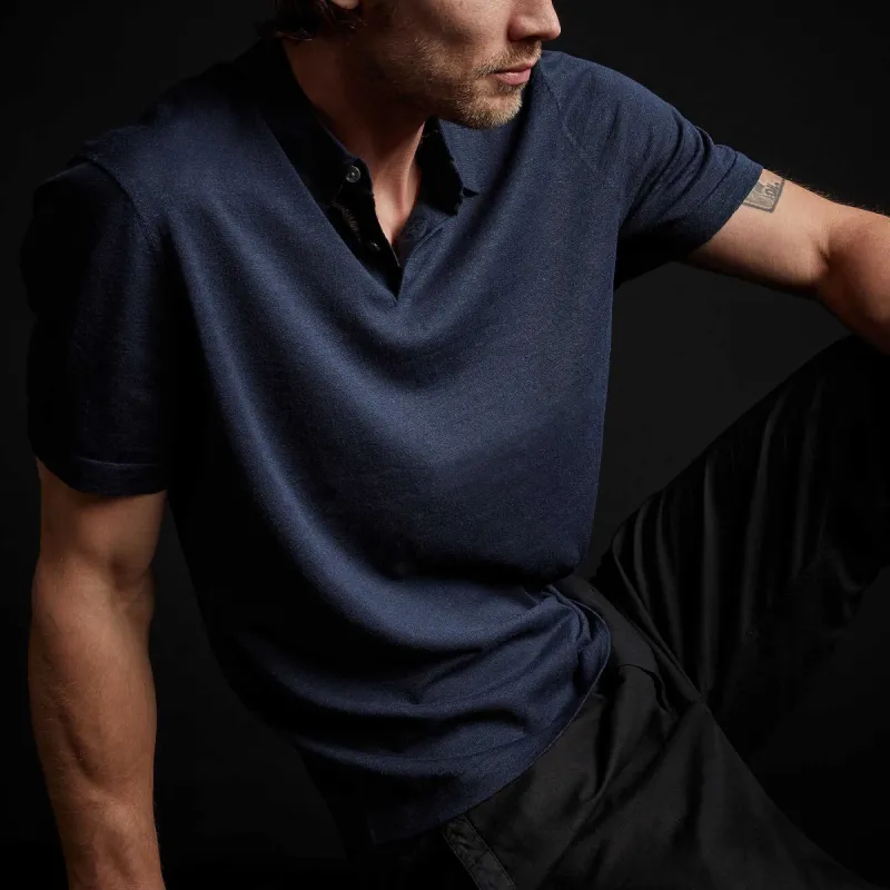 Linen Blend Short Sleeve Polo Sweater - Navy sold by James Perse