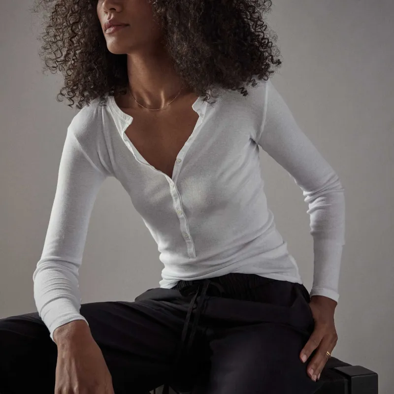 Tubular Fine Rib Henley Top - White sold by James Perse