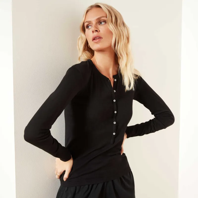 Tubular Fine Rib Henley Top - Black sold by James Perse